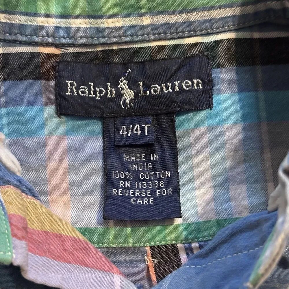 RALPH LAUREN Boys 4T COLORFUL Easter Plaid Button Down Shirt Preppy Classic Sz 4